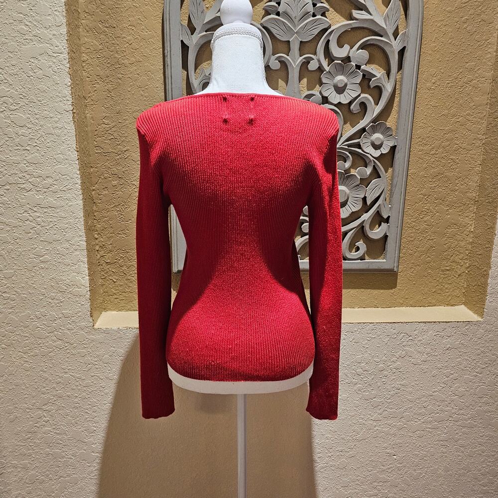 Pink Rose L Coquette Sweetheart Ribbed Top Red Fitted Soft Girl Stretch Sweater - Picture 4 of 11